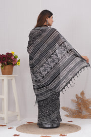 Cotton Linen Saree with Hand Block Print - Shivanya Handicrafts Women's Traditional Indian Wear